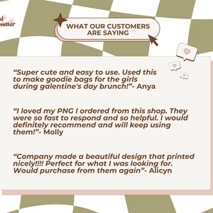 May include: A digital graphic with a checkered background in green and brown. The graphic features a white box with rounded corners and pink accents. The text "WHAT OUR CUSTOMERS ARE SAYING" is in a black font. The box contains three customer testimonials in a black font.