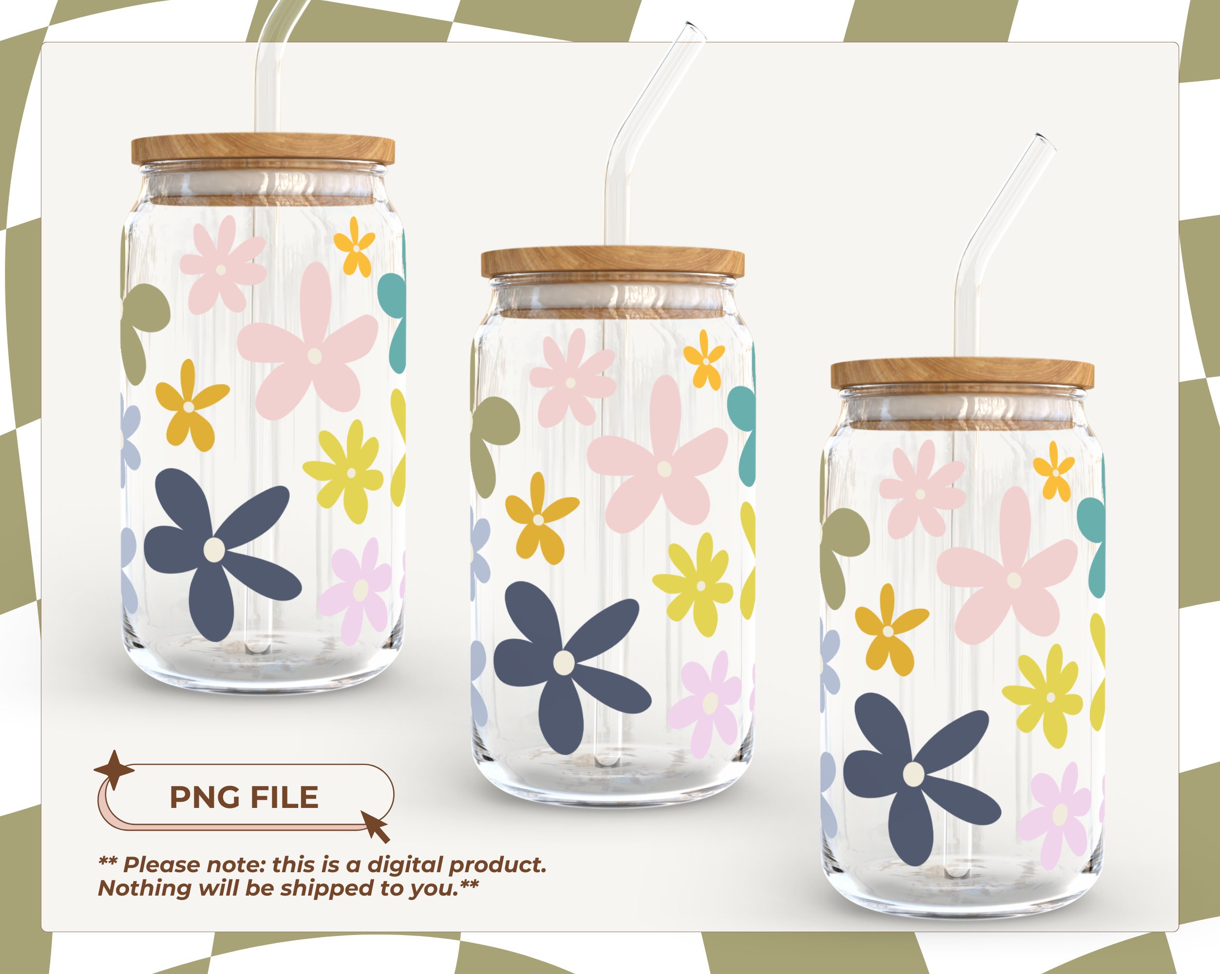 Retro Daisy Flowers Png 16 Oz Libbey Glass Cup Wrap Design Girly Spring ...