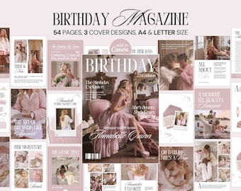 May include: A magazine layout with a soft pink and cream color scheme. The cover features a woman in a pink dress. Text includes "BIRTHDAY MAGAZINE," "54 PAGES," and "3 COVER DESIGNS."