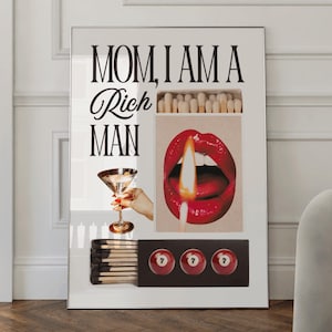 Retro Matchbox Martini Print Mama Jestem Bogatym Człowiekiem Art Print Retro Cocktail Plakat Matchbook Bar Cart Art Brudny Plakat Martini Szczęśliwa Dziewczyna Art