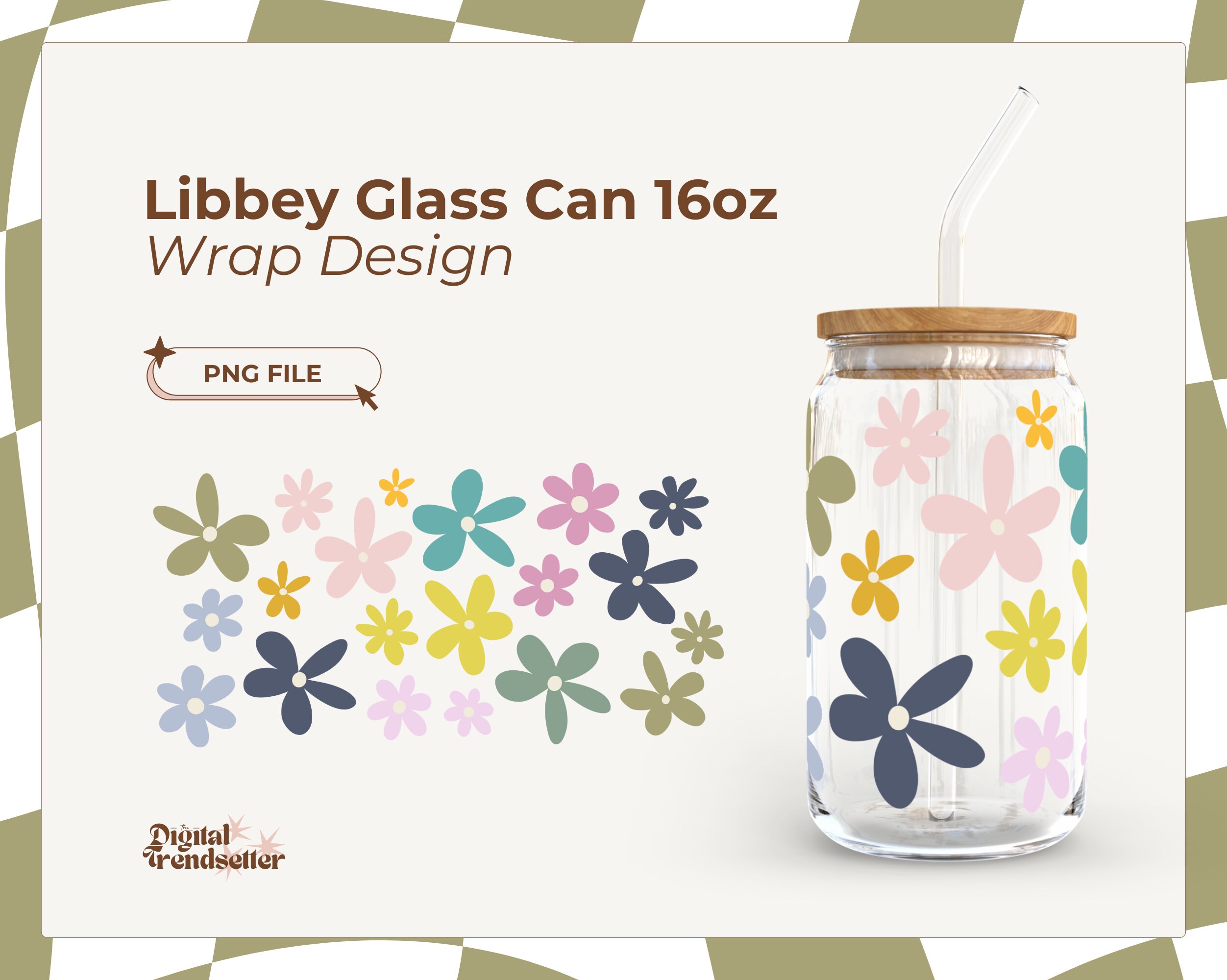 Retro Daisy Flowers Png 16 Oz Libbey Glass Cup Wrap Design Girly Spring ...