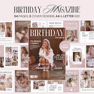 Pode incluir: Layout de revista em rosa e branco, com o título "Birthday Magazine". A capa apresenta "Annabelle Quinn". O design inclui fotos, texto e os detalhes: "54 páginas, 3 designs de capa, A4 & Letter Size."