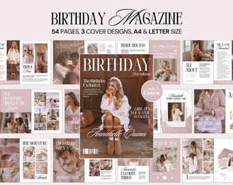May include: A magazine layout with a pink and white color scheme. The cover reads "Birthday Magazine" and "Annabelle Quinn." The layout includes photos, text, and the words "54 pages, 3 cover designs, A4 & Letter Size."