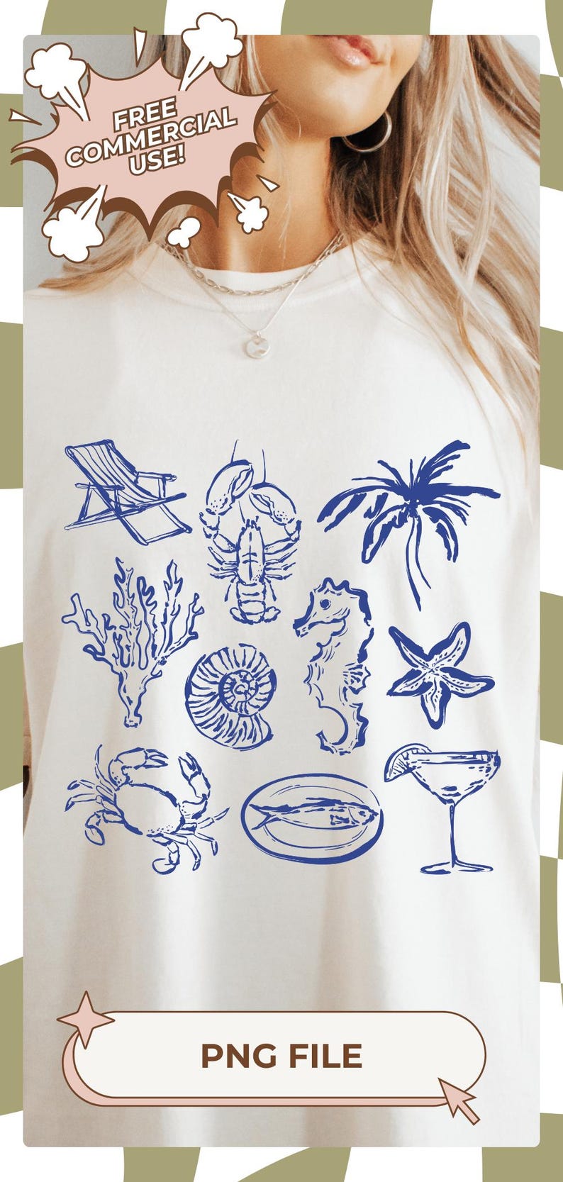 Op de afbeelding: Cr&egrave;mekleurig T-shirt met blauwe nautische illustraties, waaronder een strandstoel, kreeft, palmboom, koraal, zeepaardje, zeester, krab, schelp, vis en een cocktail. Tekst: "GRATIS COMMERCIEEL GEBRUIK!" en "PNG FILE".