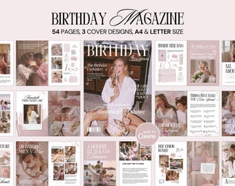 May include: A magazine layout with a soft pink and white color scheme. The cover features a woman with the text "Birthday Magazine" and "Annabelle Quinn." The layout includes various images and text, including "54 pages, 3 cover designs, A4 & Letter Size."