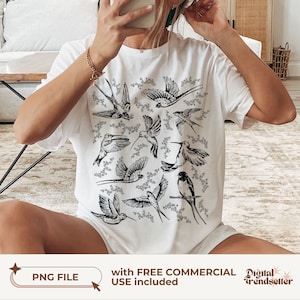 Vintage Inspired Tattoo Bird Tshirt Png Indie Boho Cottagecore T-shirt Design