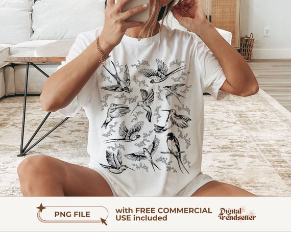 Vintage Inspired Tattoo Bird Tshirt Png Indie Boho Cottagecore T-shirt Design Retro Nature Wild Bird Watchers Gift Hippie Birds Lover Gift