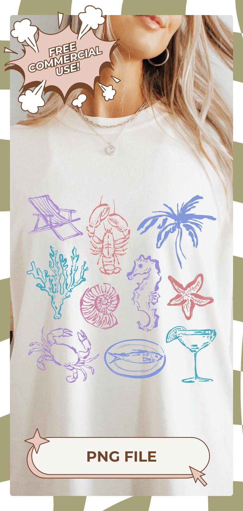 May include: A white t-shirt featuring a colourful design of various sea creatures, including a lobster, a seahorse, a starfish, a seashell, a crab, a fish, a palm tree, and a deckchair. The text "PNG FILE" is at the bottom of the shirt.