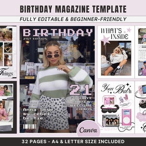 Editable Birthday Magazine Canva Template showing custom retro-style pages with photos and quotes, perfect personalized best friend gift for 18th or 21st birthday.