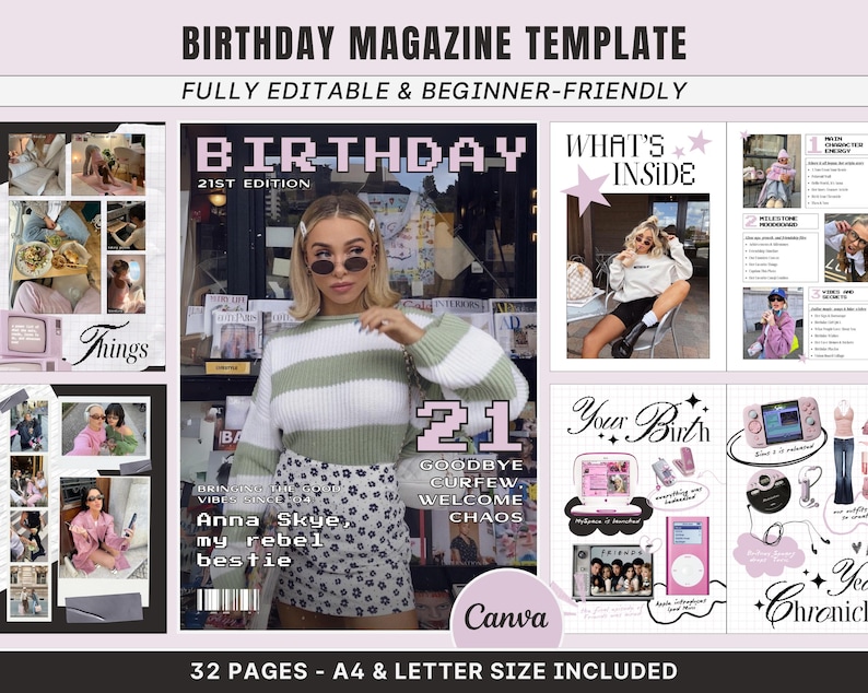 Editable Birthday Magazine Canva Template showing custom retro-style pages with photos and quotes, perfect personalized best friend gift for 18th or 21st birthday.