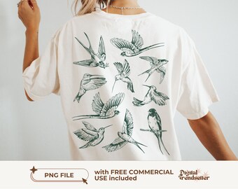 Grün Retro Vögel Girly Shirt Design Retro Natur Tshirt Png Für Frauen Vintage Style Natur Liebhaber Geschenk Trendy 90er Jahre Tattoo Vögel T-Shirt Png