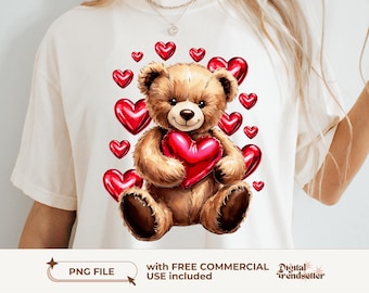 Osito de peluche de corazón rojo de San Valentín Sublimación Png Osito de peluche de corazón de San Valentín de moda Png Corazón retro femenino Png Amor estético de San Valentín Png
