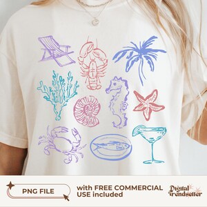 Retro ocean life tee PNG Trendy pastel seaside summer shirt Vintage coastal sublimation design for a beachy and relaxed summer vibe
