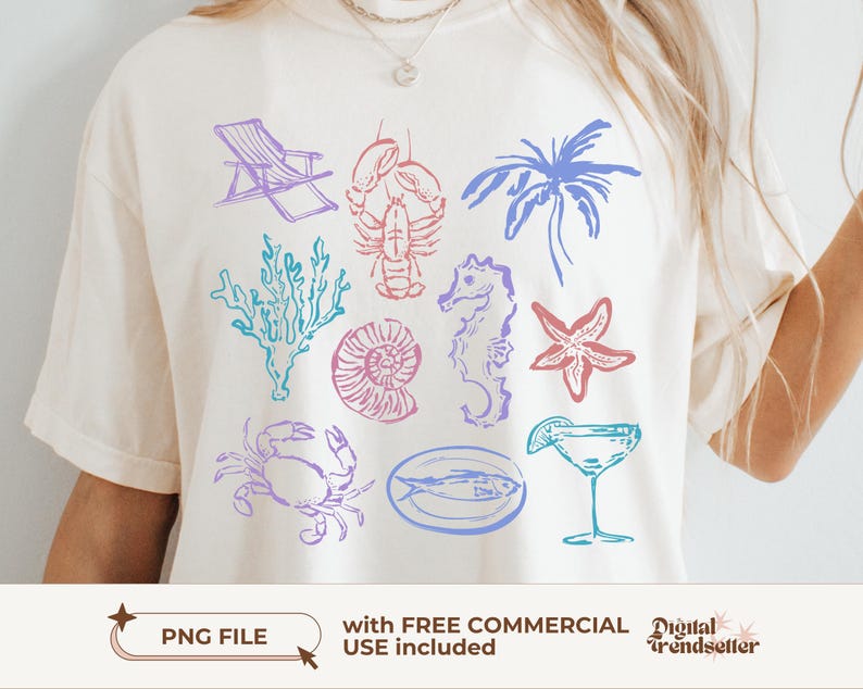 Retro ocean life tee PNG Trendy pastel seaside summer shirt Vintage coastal sublimation design for a beachy and relaxed summer vibe
