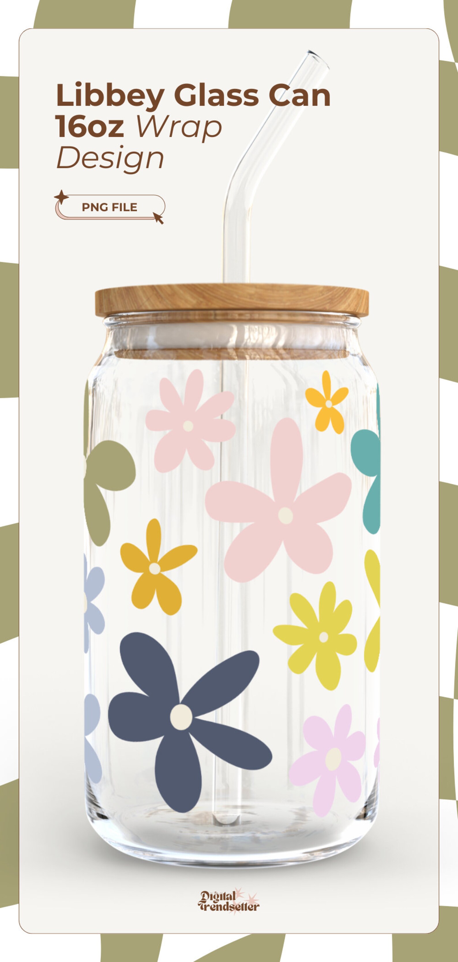 Retro Daisy Flowers Png 16 Oz Libbey Glass Cup Wrap Design Girly Spring ...