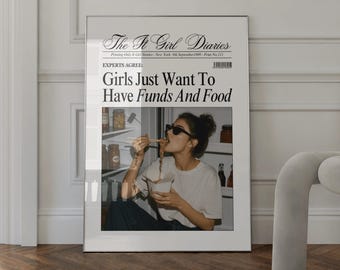 Girly Newspaper Poster Girls Just Wanna Have Funds Print Retro Dorm Room Wall Poster Retro Girly Office Poster Retro News Headline Wall Art
