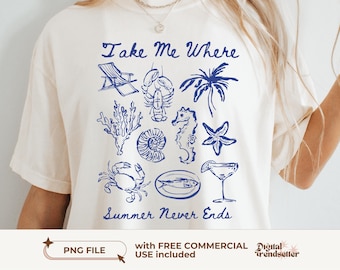 Camiseta PNG de verano costero con gráfico de playa para niña, diseño de chica pescadora, descarga digital por sublimación