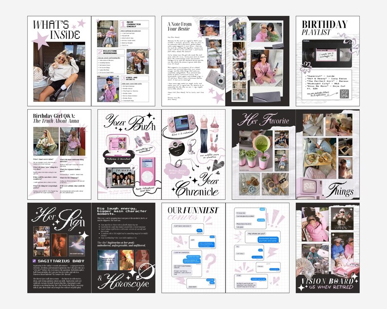 Canva Editable Birthday Magazine Template with custom photo collage layouts, personalized bestie birthday gift for girls, 18th and 21st milestone keepsake.