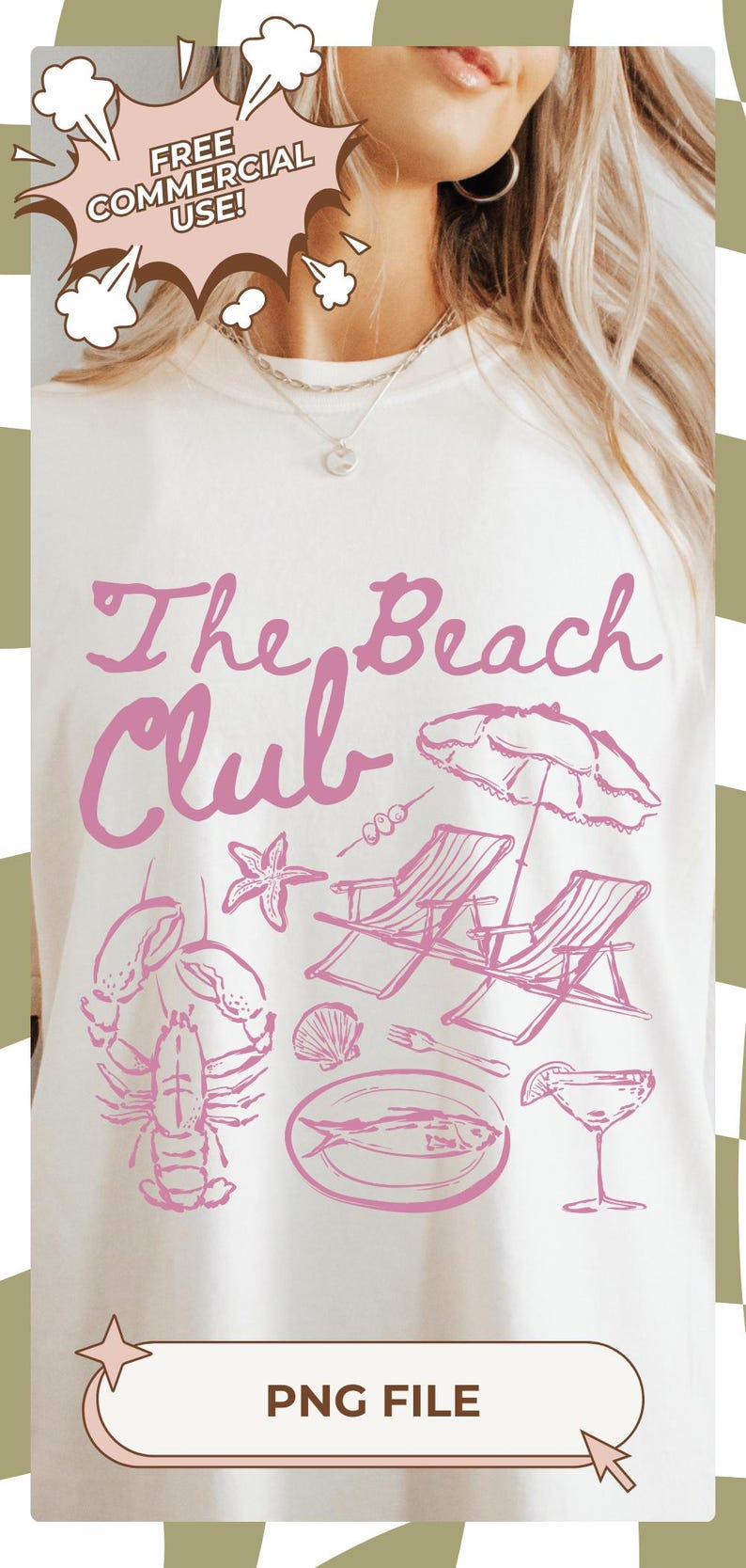 May include: A white t-shirt with a pink graphic design that says "The Beach Club". The graphic also includes a lobster, a starfish, two lounge chairs, an umbrella, a plate of fish, a cocktail glass, and a fork.