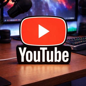 YouTube-ljusskylt | LED-lampa för YouTube-logotyp | Gåva för innehållsskapare | Rumsinredning för streaming | Skrivbords- eller vägglampa | Ljuslåda för YouTube-skylt