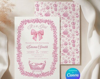May include: Pink baby shower invitation with a floral border and a pink bow. The invitation says "It's a Girl" and includes the text "Please join us for a baby shower honouring Emma Smith".