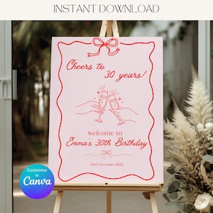 Cheers to 30 Years Welcome Sign | Editable Canva Template | Red & Baby Pink Party Decoration | Customisable 30th Birthday Sign