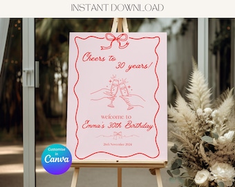 Letrero de bienvenida para 30 cumpleaños, rojo y rosa, plantilla digital editable.