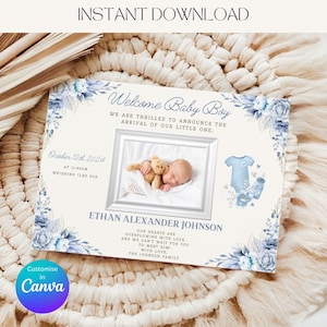 Bearbeitbare Baby Boy Geburtsanzeige | Anpassbare Neugeborenen Ankündigungskarte | Sofortiger Download Canva Vorlage