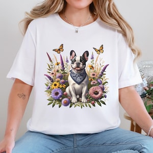 Chemise fleurs sauvages bouledogue français, col rond floral pour amoureux des chiens Frenchie, pull botanique de maman Frenchie, cadeau pour propriétaire de bouledogue français