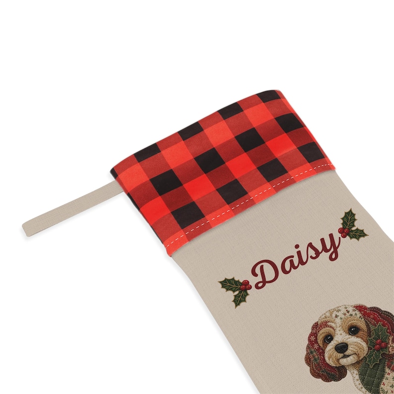 Kerstsok met nep-patchworkprint voor een Cavapoo | Gepersonaliseerde kerstsok met hondennaam afbeelding 4