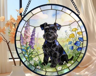 Personalized Black Schnauzer Suncatcher, Floral Stained Glass Style Dog Memorial