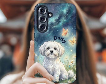 Personalisierte maltesische Sternenblumenwiese Samsung Galaxy Google Pixel Handyhülle | Hund Handytasche