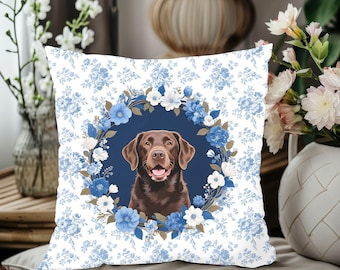 Chocolate Labrador Dog Pillow, Blue Floral Dog Mom Decor