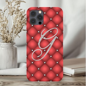 Custom Bling Initial Luxury Phone Case Personalized Red Tufted Phone Case Diamond Phone Cover iPhone 16 15 14 13 12 11 Pro Max Samsung