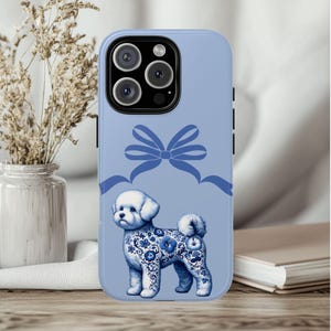 Bichon Frise Blue Toile Chinoiserie Phone Case iPhone 16, 15, 14, 13 Pro Max Plus Case Floral Tough Phone Case Bichon Mom Dog Lover Gift