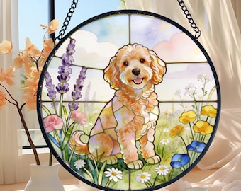 Personalized Cavapoo Stained Glass Suncatcher, Dog Memorial Gift