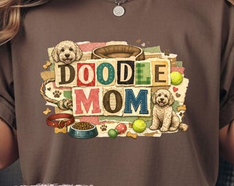 Maglietta con collage di disegni di cani, maglietta per mamme di Goldendoodle, regalo per la festa della mamma per chi ha un cane