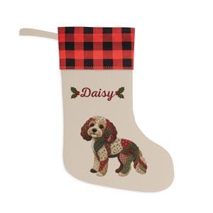 Kerstsok met nep-patchworkprint voor een Cavapoo | Gepersonaliseerde kerstsok met hondennaam afbeelding 2