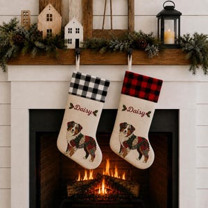 May include: Two cream-colored Christmas stockings featuring a printed Australian Shepherd dog illustration, the name Daisy in red script, and holly accents. One stocking has a black and white buffalo check cuff, the other a red and black buffalo check cuff.