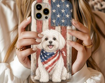 Patriotic Maltese Dog with American Flag Bandana Phone Case for iPhone Samsung Galaxy and Google Pixel