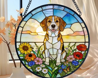 Personalized Beagle Suncatcher, Floral Stained Glass Style Dog Memorial