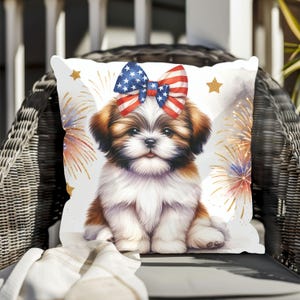 Patriotic Shih Tzu Pillow Americana Pet Decor, Square Pillow for Dog Lovers, Independence Day Home Decor, Dog Pillow, Animal Lover Gift
