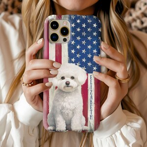 Personalized Bichon Frise Dog Phone Case, Tough Phone Case, Pet Owner Gift, Customizable Pet Case, Dog-Themed Phone Cover, USA Flag Design