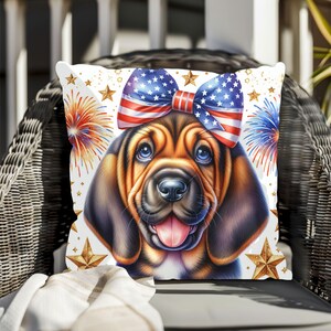 Patriotic Bloodhound Pillow Americana Pet Decor, Square Pillow for Dog Lovers, Independence Day Home Decor, Dog Pillow, Animal Lover Gift