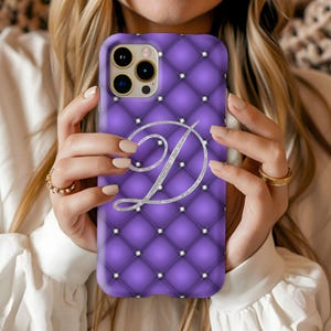 Custom Bling Initial Luxury Phone Case Personalized Purple Tufted Phone Case Diamond Phone Cover iPhone 16 15 14 13 12 11 Pro Max Samsung