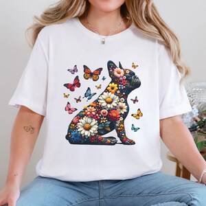 Chemise fleurs sauvages bouledogue français, col rond floral pour amoureux des chiens Frenchie, pull botanique de maman Frenchie, cadeau pour propriétaire de bouledogue français