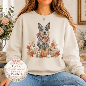 May include: A cream-colored crewneck sweatshirt featuring a graphic of a Blue Heeler dog wearing a plaid bandana, surrounded by pumpkins and autumn leaves. A circular badge on the lower left reads: Looks Embroidered, But it's Printed.