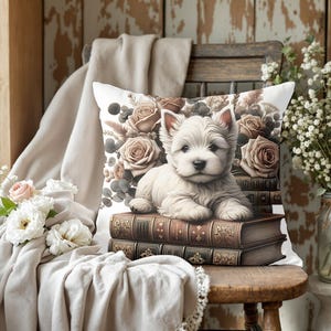 West Highland White Terrier Throw Pillow, Vintage Cottagecore Floral Dog Decor for Book Lovers, Westie Pillow Cushion with Books and Flowers