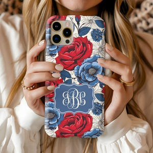 Patriotic Floral Phone Case,  July 4th Floral Phone Cover, Personalized Tough Cases, Unique Gift for Her, Monogram Case, Flower Pattern