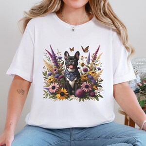 Chemise fleurs sauvages bouledogue français, col rond floral pour amoureux des chiens Frenchie, pull botanique de maman Frenchie, cadeau pour propriétaire de bouledogue français